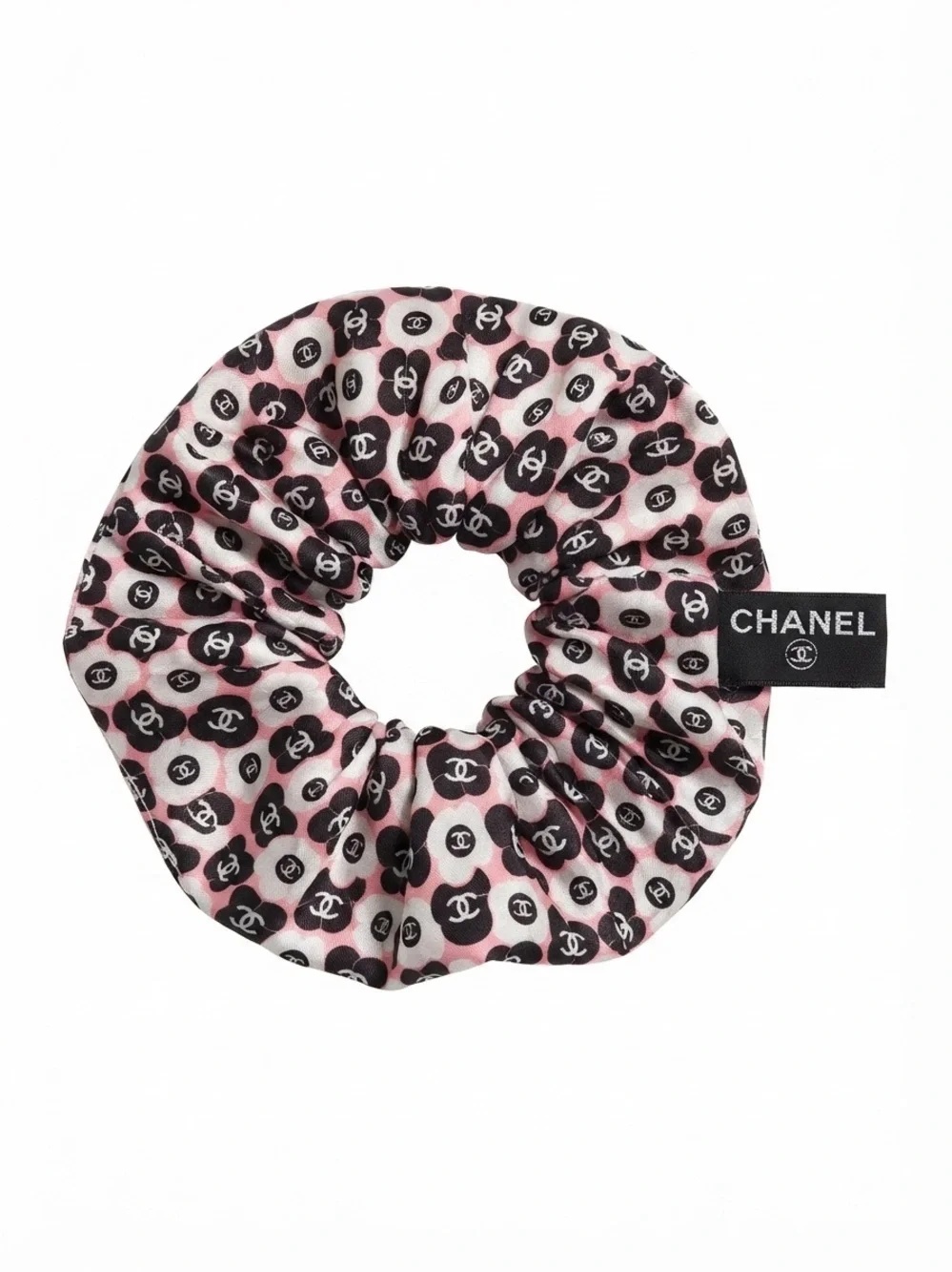 CHANEL Pink, Black & White Logo Silk Hair Scrunchie